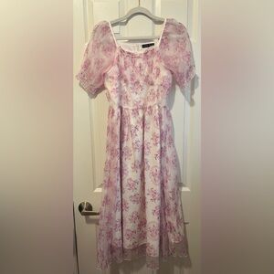Purple Floral Organza Puff Sleeve Midi Dress - Size 12-13Y / XXS